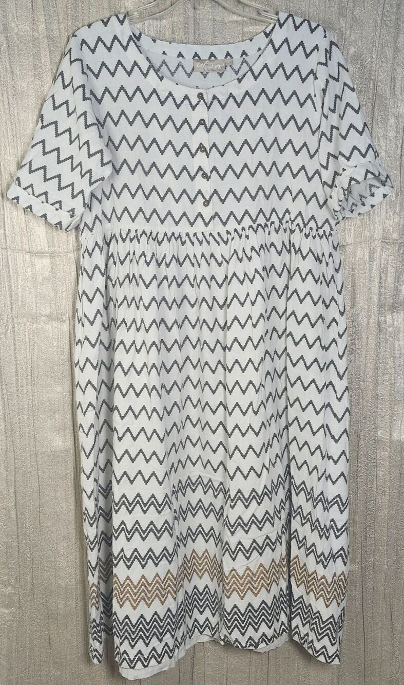 Utsa Linen White Brown Gray Chevron Artisan Geometric Dress Large Lagenlook